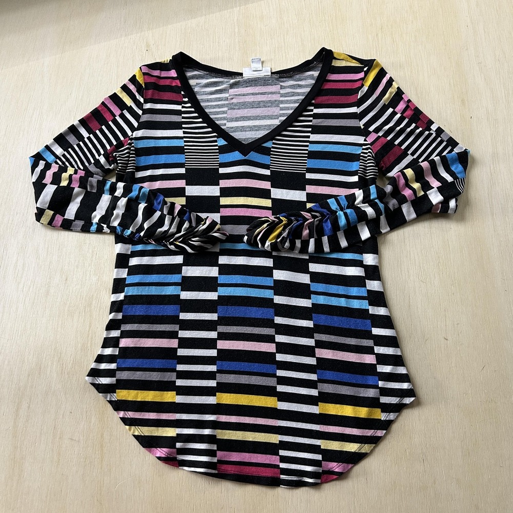Bisou Bisou Shirt Womens Medium Multicolor Stripe V Neck Long Sleeve Tee T-Shirt